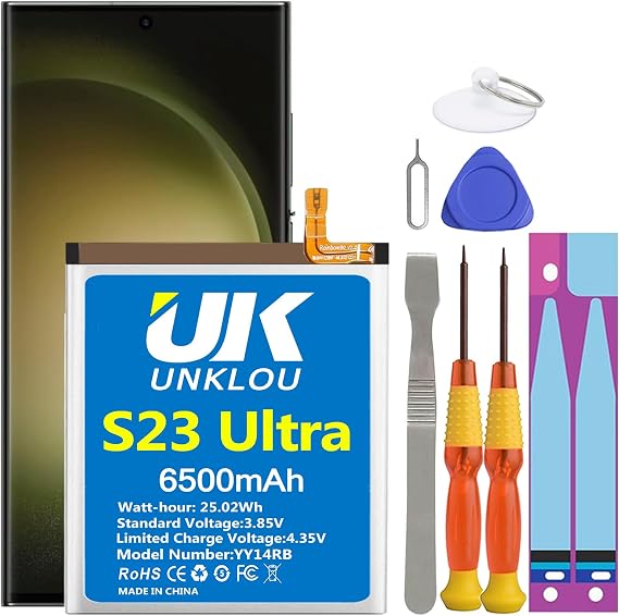 Galaxy S23 Ultra Battery, [Upgraded] UNKLOU 6500mAh Li-Polymer EB-BS918ABY Replacement Battery for Galaxy S23 Ultra 5G SM-S918U SM-S918U1 SM-S918B/DS with Repair Tool Kit [12 Month Service]