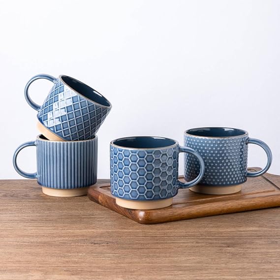 GBhome Set of 4 Stackable Ceramic Coffee Mugs 350ml - Textured Modern Cups for Tea/Latte/Cappuccino, Dishwasher & Microwave Safe, Gift for Men/Women