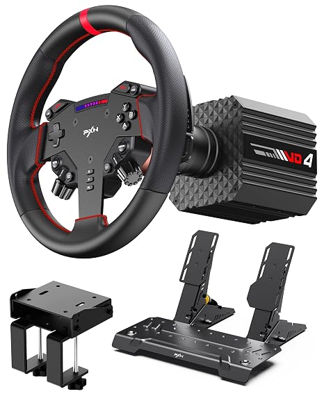 PXN VD4 Direct Drive Racing Wheel Bundle, 4Nm Force Feedback, for Windows | Servo Motor, 11 in Wheel with Quick Release, Hall Effect Pedals, Table Clamp, PC Tuning Software Support