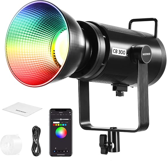 NEEWER 300W RGB LED Video Light with Reflector, APP & 2.4G Control, 2500K-7500K CCT, CRI97+, 29600Lux/1m, 17 Scenes, Bowens Mount Continuous Lighting for Studio Photography Recording Streaming, CB300C