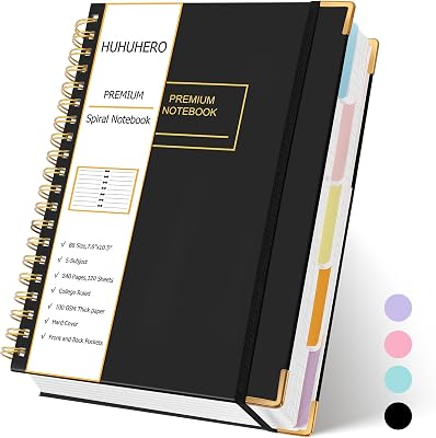 Huhuhero 5 Subject Notebook, 240 Pages Lined Spiral Journal College Ruled, 7.6 x 10.5 B5 Hardcover Journaling Notebooks for Work Note Taking, College School Supplies, Black