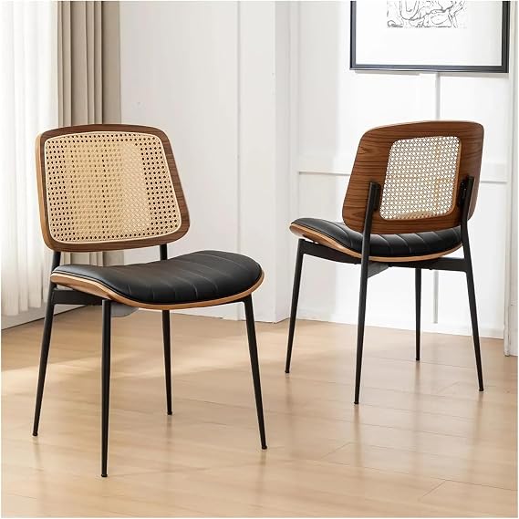 Adjustable Office Computer Chair with Armrest 2pcs Leather Upholstered Dining Chairs with Rattan Weaving Backrest and Metal Legs Adjustable(Black)