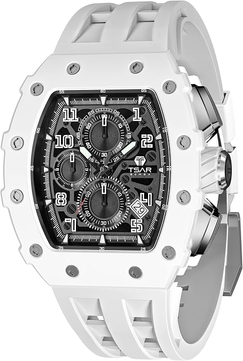 Tsar Bomba Luxury Men's Watch Skeleton Barrel Waterproof 50 m Luminous Analogue Quartz Stopwatch Sport Watches with Japanese Movement Sapphire Mirror Silicone Strap