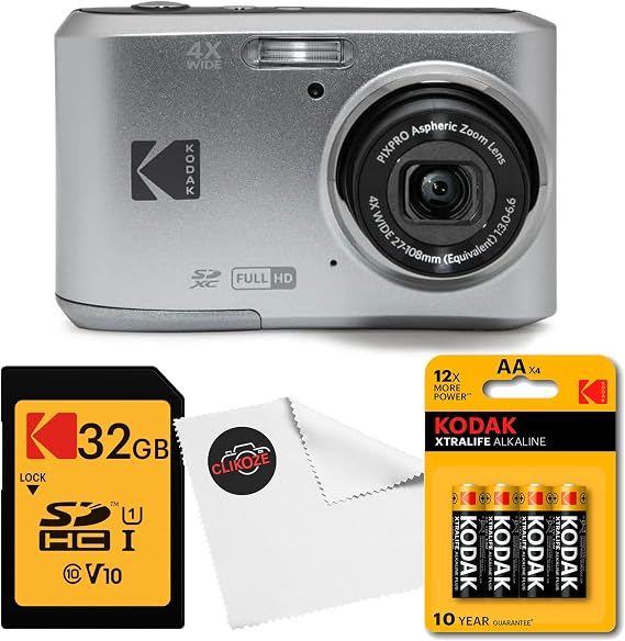 Kodak PIXPRO FZ45 Digital Camera (Silver) Bundle with 32GB Class 10 SDHC Memory Card, Kodak AA Xtralife Batteries (4-Pack) and Clikoze Lens Cloth
