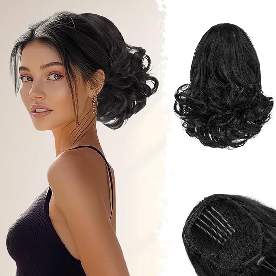 BARSDAR Drawstring Ponytail Extension - 10 Inch Short Wavy Black Ponytail Hair Extensions for Women - Synthetic Comb Clip in Ponytail Hairpieces Fake Pony Tails - Natural Black