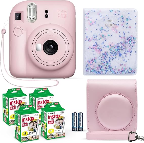 Fujifilm Instax Mini 12 Blossom Pink Camera + Film Value Pack (40 Sheets) + Shutter Accessories Bundle, Incl. Carrying Case & Quicksand Beads Photo Album