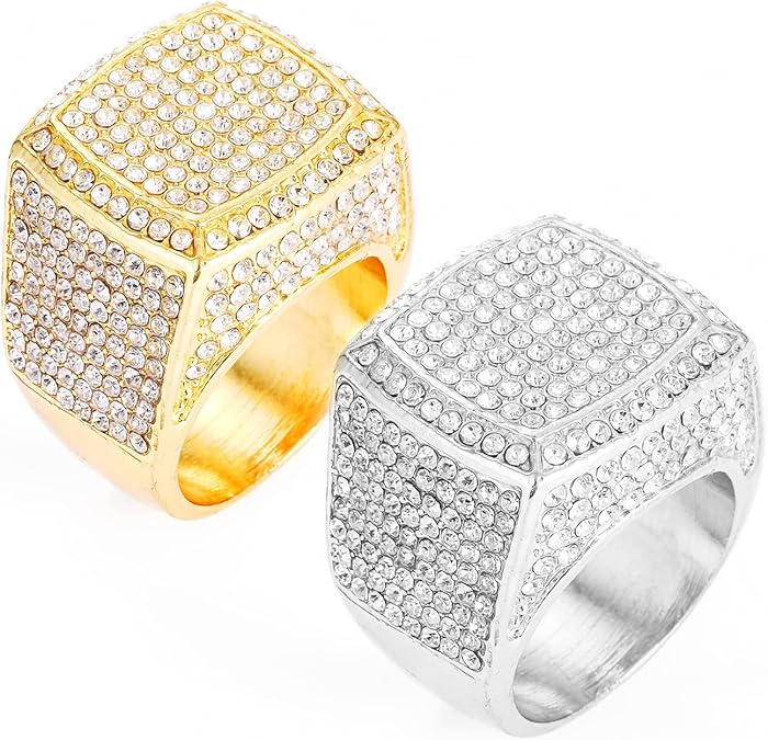 HH BLING EMPIRE Iced Out Gold Silver Rings for Men, Bling Hip Hop Rapper Icy Diamond Men Rings, Big Square Ring Band Size 8/9/10/11/12