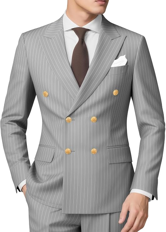 Men's Pinstripe Suit 2 Pieces Regular Fit Double-Breasted Blazer Pants for Wedding Suit Groom Prom Tuxedo Suit