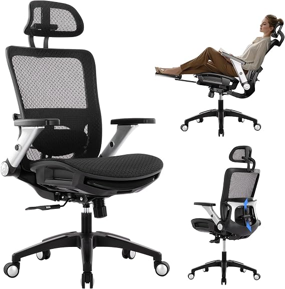 COLAMY Ergonomic Mesh Office Chair with Footrest - High Back Computer Desk Chair with Headrest, 4D Flip-up Armrests, Adjustable Tilt Lock, and Lumbar Support for Ultimate Comfort, Black