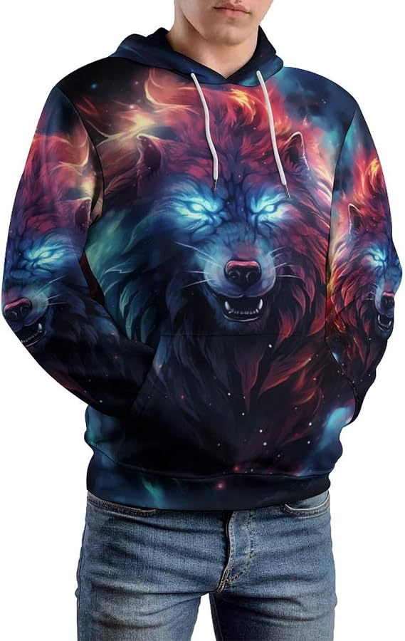 MARSVOVO Galaxy Wolf Hoodie Men Western Sweatshirt Casual Colorful Fire and Ice Pullover with Pockets Spring Fall Tops