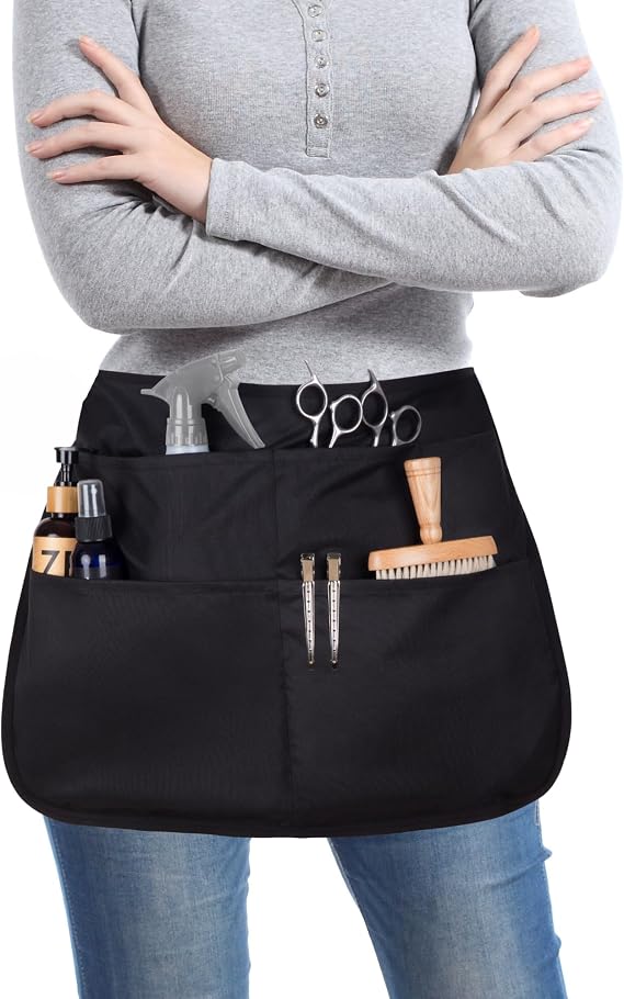 Waterproof Hair Stylist Apron with 5 Pockets - Bleach-proof Half Waist Apron for Salons, Cosmetology, Groomers