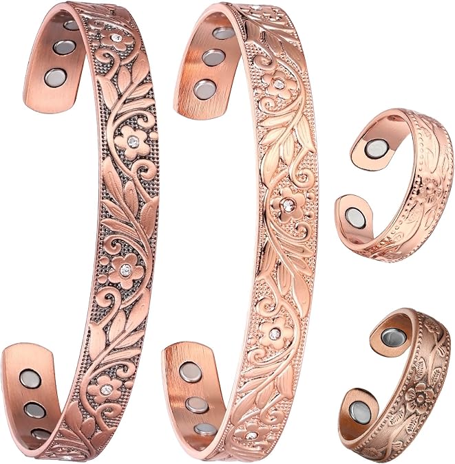 BioMag Copper Bracelet & Ring for Women, 99.99% Pure Copper Magnetic Bracelet Lymphatic Drainage Rings with 3500 Gauss Magnets, Adjustable & Flower Pattern
