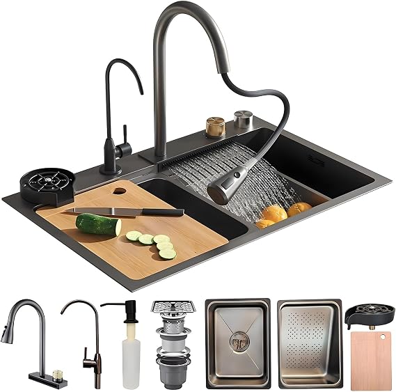 Stainless Steel Waterfall Kitchen Sink Combo With Pull-Out Faucet Nano-Coated Topmount Single Bowl Workstation Sink With Accessories, Pressure Pot Washer, Cutting Board, Draining Basket(Black-Grey B,8