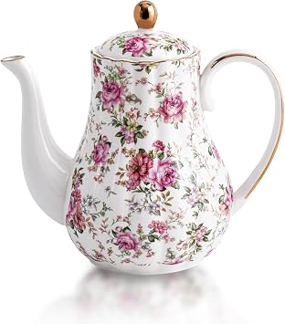 Agyiuns Tea Pot, Porcelain Teapot 37oz,tea pots for tea party,Tea Infuser Pots for Blooming loose Leaf Tea (White with flower)