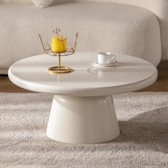 White Round Coffee Table for Living Room, Modern Cream Round Coffee Table Circular Circle Pedestal Coffee Tables Unique Center Table for Farmhouse Outdoor Patio (A)