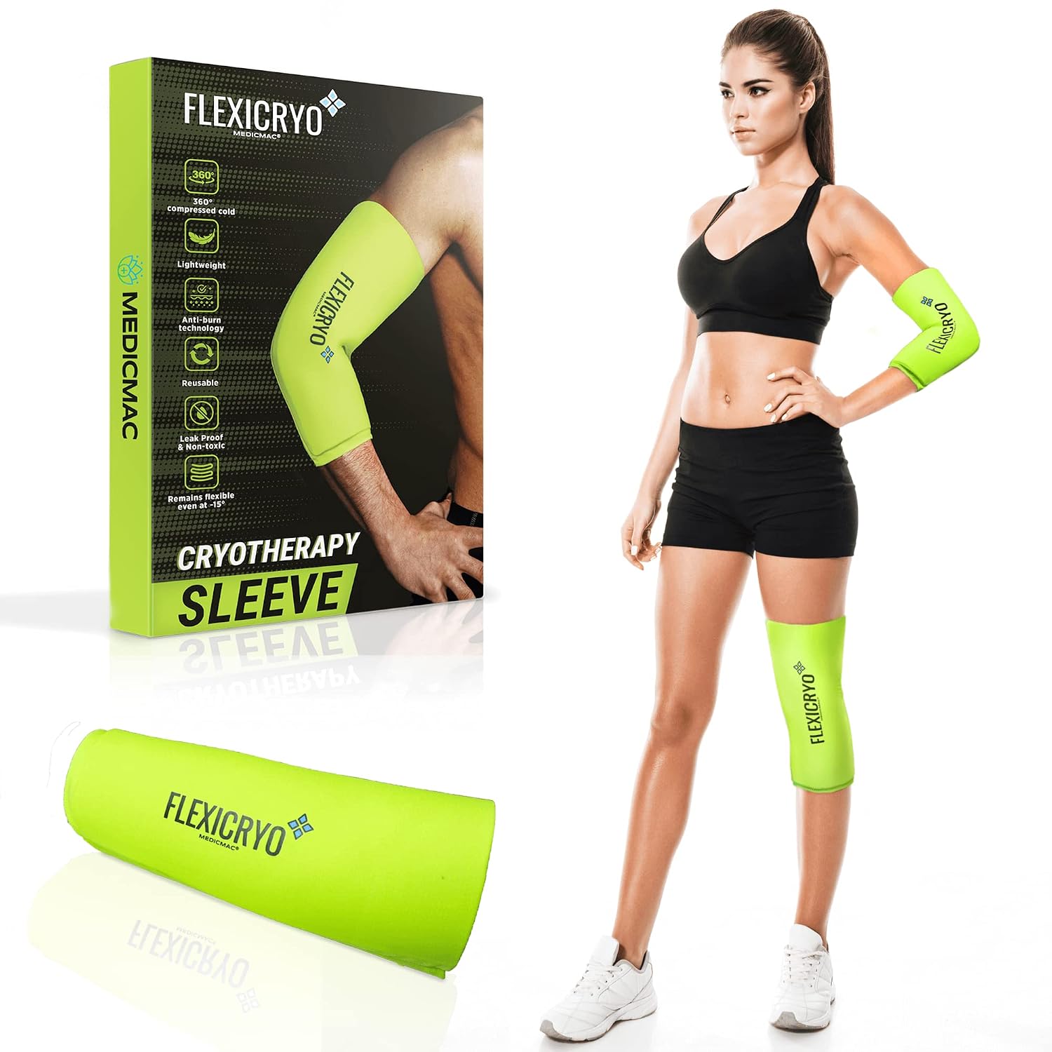 MEDICMAC® FlexiCryo™ 360° Cold Therapy Compression Sleeve for Arthritis, Injuries & Sports Recovery - Reusable, Comfortable and Ultra Flexible Ice Wrap for Knees, Elbows, Shins, Ankles, Calf Pain M