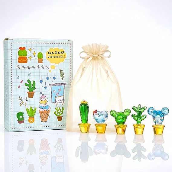 5 Pcs Hand Blown Glass Cactus Figurines