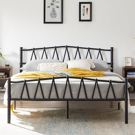 VECELO Full Metal Platform Bed Frame with M Shape Headboard/Footboard/Mattress Foundation/Under Bed Storage/No Box Spring Needed