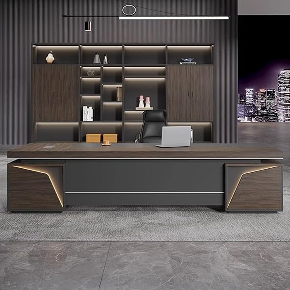 Brown Modern L Shaped Executive Office Desk with Light Strip, Wood Executive Office Desk with Lateral Cabinet, Writing Study Table for Home Office