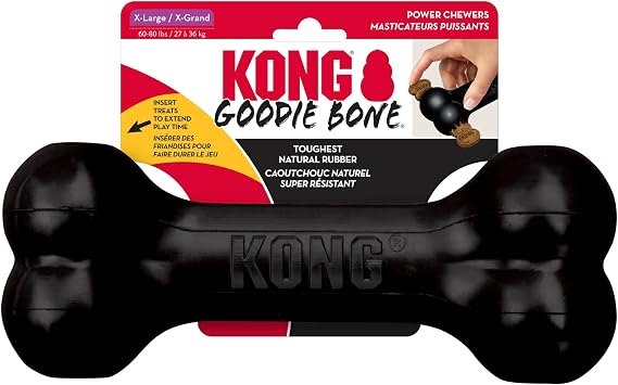 KONG Extreme Goodie Bone, Natural Rubber, Black, for Extra Large Dogs | Made from KONG's Most Durable Natural Rubber for Power Chewers, with Goodie Gripper Ends That Hold Treats