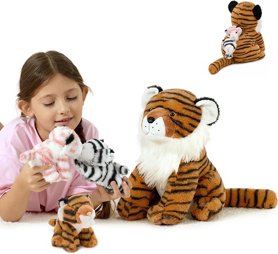 MorisMos Tiger Plush with 3 Baby Cubs Inside, 32 cm Mommy Tiger Stuffed Animal, Soft Jungle Animal Plush Toy, Interactive Family Teddy for Imaginative Play, Birthday Gift for Kids