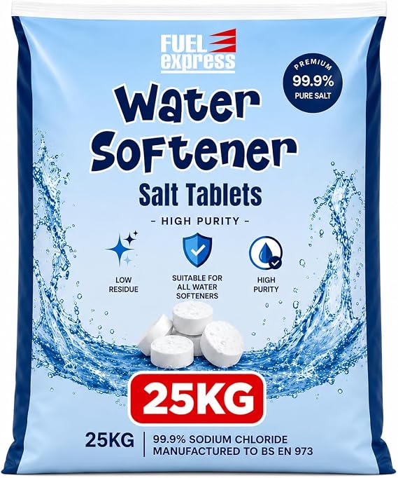 Fuel Express Water Softener Salt Tablets 25kg | Compatible with All Water Softner Machines | 100% Genuine High Purity Food Grade Salt | BS EN973 Grade A Certified | Helps Reduce Limescale