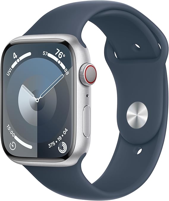 Apple Watch Series 9 [GPS + Cellular, 45mm] - Aluminum Silver Case with Storm Blue Sport Band, M/L