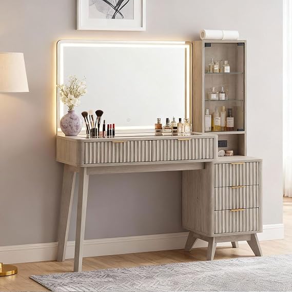 RedLemon 48" Fluted Vanity Desk with 36" Large HD Mirror and Lights, Modern Wood Glass Tabletop Makeup Table with Adjustable Storage Shelves, 5 Drawers, Charging Station for Bedroom, Alder White