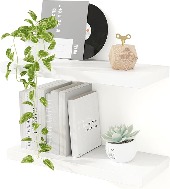 Feihorrm 40cm Floating Shelves for Wall, 23.5cm Deep White Shelves | Set of 2 Wooden Wall Mounted Shelf for Storage & Organizer, Wall Shelving for Bathroom Living Room Kitchen Bookshelf