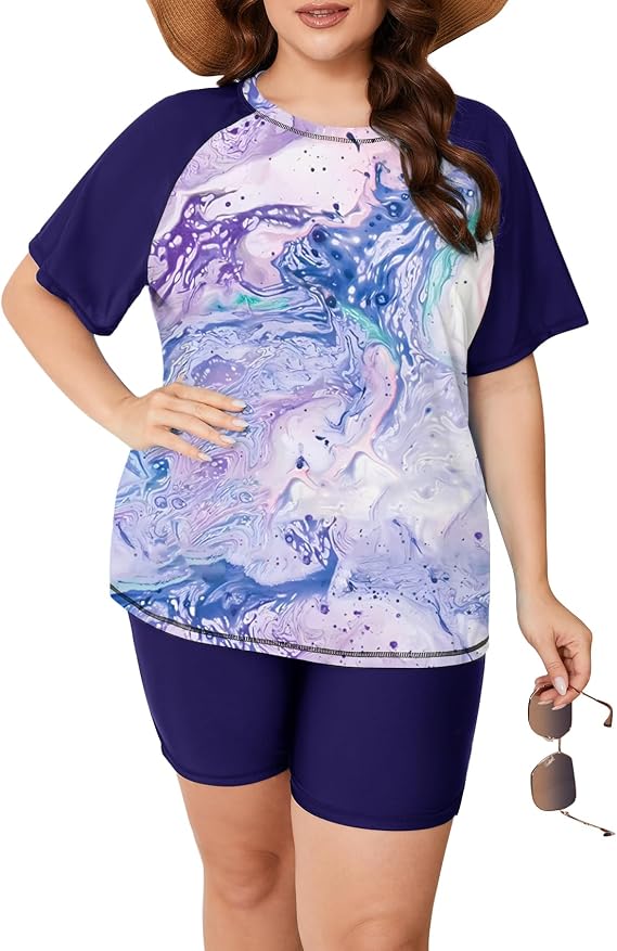 ZOMVA Plus Size Women's 2 Piece Rash Guard Swimsuit Modest Short Sleeves Swim Shirt with Boyshorts UPF 50+
