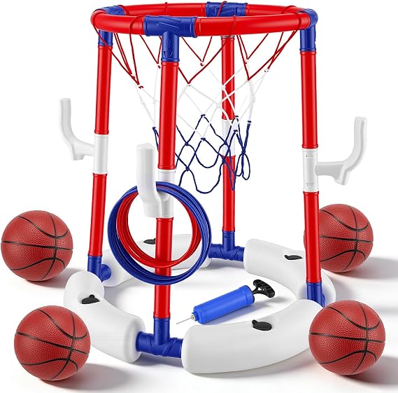 Pool Basketball Hoop & Ring Toss Games, 2-in-1 Swimming Pool Toys with 4 Balls,12 Rings & Pump, Floating Summer Pool Game for Kids/Teens/ Adults, Fun Outdoor Water Activity for Beach Party, Age 3-12