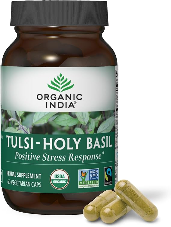 ORGANIC INDIA Tulsi Holy Basil Capsules - Holy Basil Leaf Supplement, Herbal Extract Supplement, Immune Support, Stress Relief, Vegan, Gluten-Free, Kosher, Organic, Non-GMO - 60 Capsules