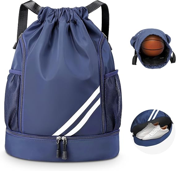 KIKIGOAL Unisex Drawstring Sports Backpack, Large Sports Gym Bag With Shoe Compartment, Waterproof PE School Backpack with Shoe Bag for Football, Basketball, Volleyball