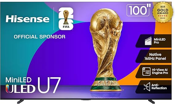 Hisense 100" U7 Mini-LED ULED 4K UHD Best Premium Gaming Google Smart TV (100U75QG) - QLED, Native 165Hz, VRR 288, Up to 3000 Nits, HDR10+, Dolby Vision IQ Atmos, IMAX Enhanced, 2.1.2 Ch