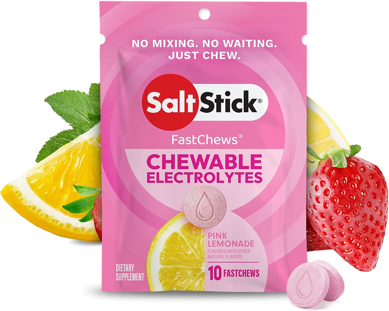 SaltStick Fastchews, Electrolyte Replacement Tablets for Rehydration, Exercise Recovery, Youth & Adult Athletes, Hiking & Sports Recovery, 1 x Packet of 10 Tablets (Pink Lemonade)