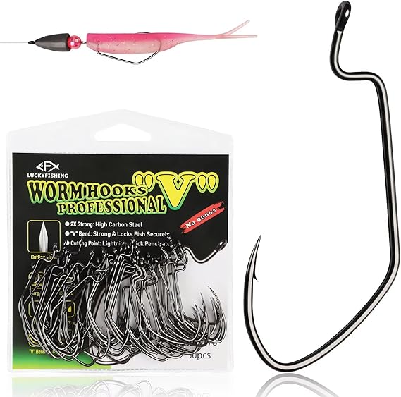 LUCKYFISHING EWG Hooks Worm Hooks for Bass Fishing 50PCS Offset Texas Rig for Freshwater Saltwater Size 1 1/0 2/0 3/0 4/0 5/0
