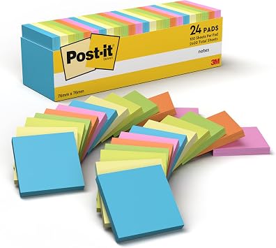 Post-it Notes, Assorted Colours, 24 Pads, 100 Sheets per Pad, 76 mm x 76 mm - Self-Stick Notes for Note Taking, to Do Lists & Reminders, School and Office Supplies