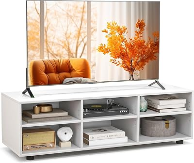 GOFLAME 6-Cubby TV Stand for TVs up to 50 Inches, White TV Console Table with Adjustable Shelves, Cable Management Hole & Cover, Modern Home Media Entertainment Center with Storage for Living Room
