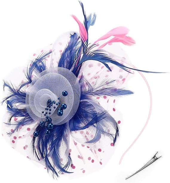 DRESHOW Fascinators Hat Flower Mesh Ribbons Feathers on a Headband and a Clip Tea Party Headwear for Girls and Women