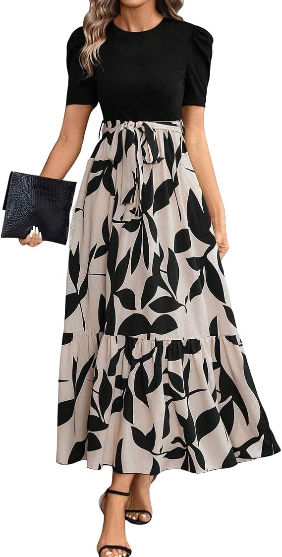 Summer Dress Women's Long Elegant Maxi Dress Summer Short Sleeve Pleated Dresses Women Casual Dress A Line Ruffle Patchwork Summer Dresses Light and Airy Party Beach Dress High Waist with Belt