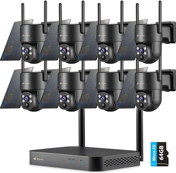 Kittyhok Black Solar Security Cameras Wireless Outdoor System, 5G/2.4G WiFi, 8pcs 2K Ultra Pan/Tilt Home Solar Security Camera with Human Detection, Spotlight, 10CH WiFi-6 NVR, 60 Days Local Storage