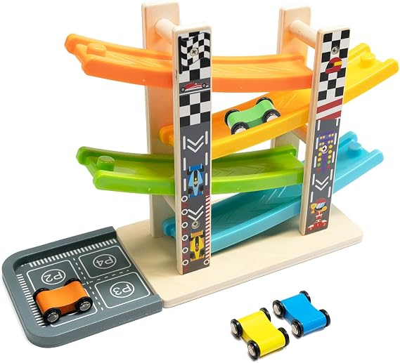 Wooden Car Ramp Racer with 4 Numbered Mini Cars 4-Tier Race Track with Bottom Parking Montessori Toddler Toys for Indoor Play Birthday Gift for Boys and Girls