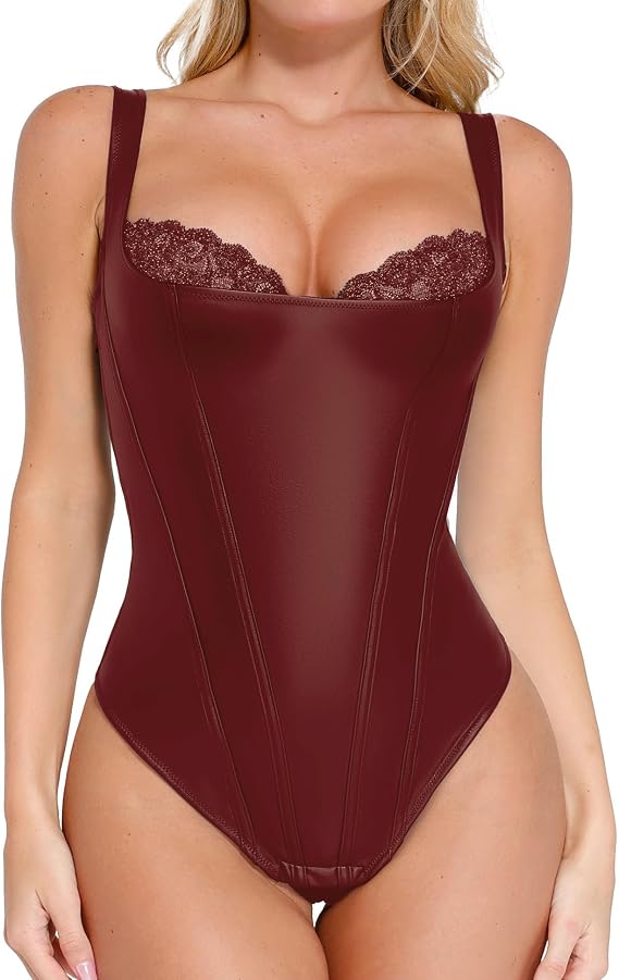 Popilush Leather Corset Tops for Women Tummy Control Shapewear Lace Tank Tops Faux Leather Thong Body Shaper Medium