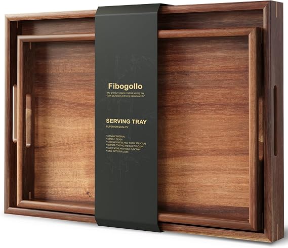 Fibogollo Set of 2 Acacia Wood Serving Tray with Handles