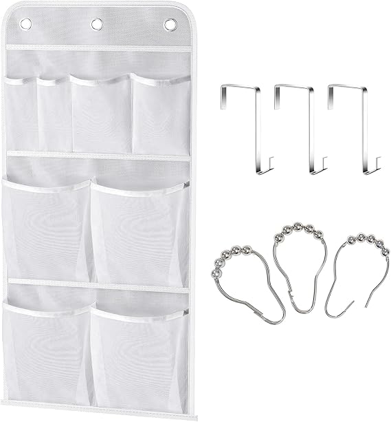 MISSLO Hanging Mesh Pockets Hold 340oz/1000ml Shampoo Shower Organizer with Over the Door Hooks
