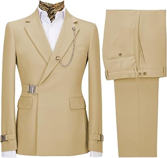 Men's 2 Piece Suit with Metal Clasp Slim Fit Suit Stylish Business Pants Casual Wedding Grooms Tuxedo Suit