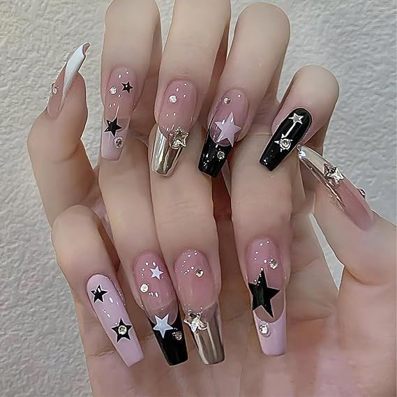 Nude Pink Press on Nails Long Coffin French Tip False Nails Sweet Glossy Black White Fake Nails with Rhinestone Star Design Y2K Stick on Nails for Women