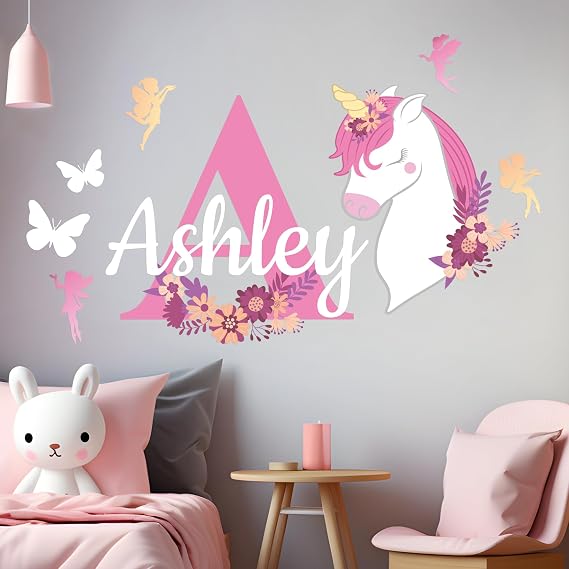 Personalized Name & Initial Unicorn Wall Decals I Girl Room Decorations for Bedroom I Custom Name Wall Decal I Unicorn Wall Decor I Girl Room Unicorn I Multiple Size & Color Options#