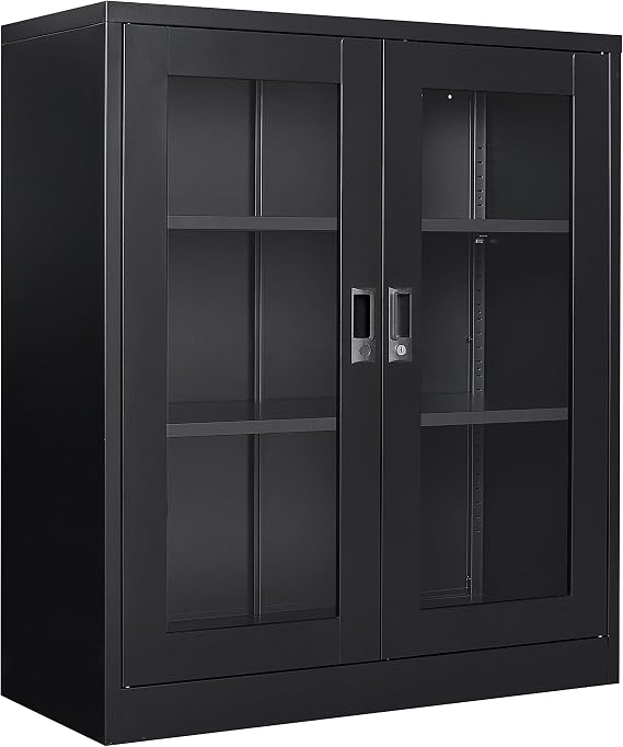 SISESOL Black Metal Storage Cabinet with Doors and Shelves,36 inch Locking Display Cabinet with Acrylic Doors,Office Cabinets with Lock,Sideboard Cabinets for Home Office,Living/Dining/Utility Room,
