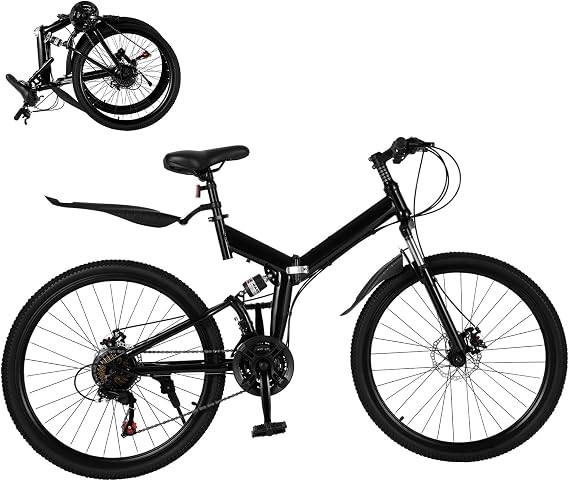 26 Inch Mountain Bike, 21 Speed Folding Mountain Bike,Dual Suspension,High Carbon Steel Body, Front and Rear Mechanical Disc Brakes, for Adults Youth